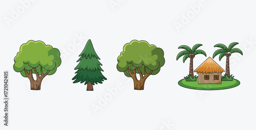 Cartoon illustration of trees and a small hut with palms