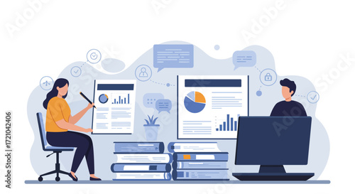 business meeting data analysis two colleagues collaborate on charts  graphs strategizing financial growth in modern office ideal for business blogs