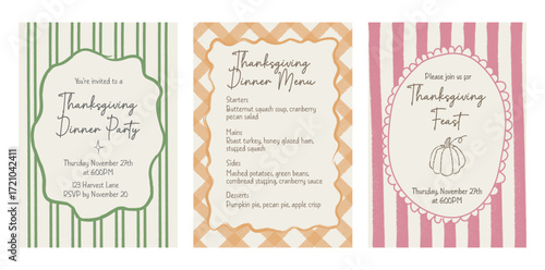 Whimsical hand-drawn thanksgiving poster template with pumpkin. Doodle-style illustration for holiday menus, cards, or festive invitations. Playful striped and plaid backgrounds. Vector illustration.