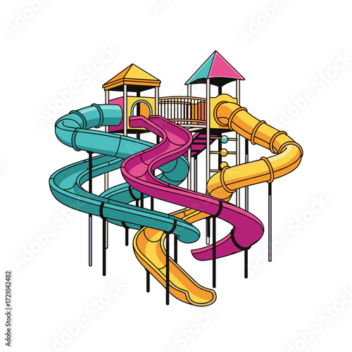 Colorful Playground Structure with Slides and Towers Illustration.
