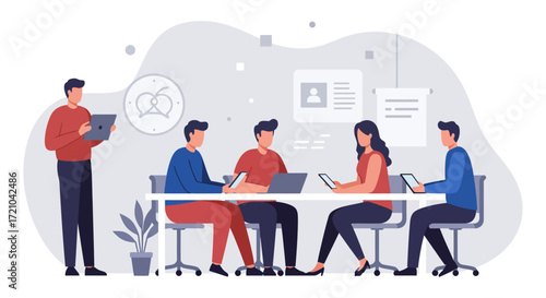 Business meeting in office team collaborating on project at conference table discussing ideas and reviewing progress ideal for corporate reports