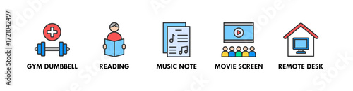 Work Life Balance banner web icon vector illustration concept with icon of gym dumbbell, reading, music note, movie screen, and remote desk