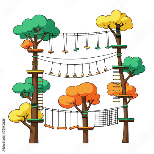 Cartoon Tree Top Adventure Park with Ladders and Rope Bridges.