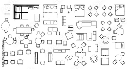 furniture layout plan illustrating interior design for residential planning in a blueprint style ideal for architecture and home improvement projects.