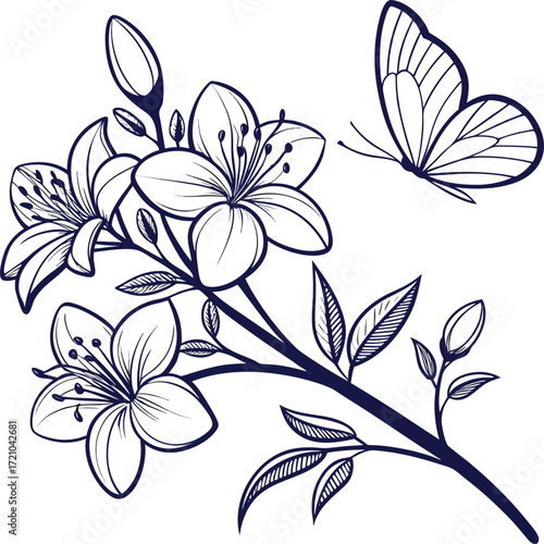 Elegant jasmine flower with delicate flying butterfly line art illustration