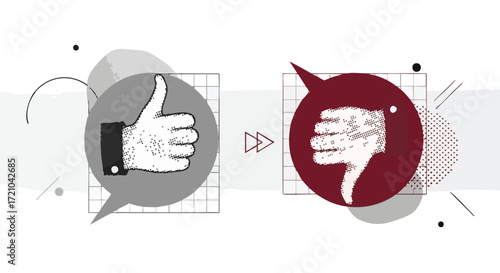 Illustration of a thumbs up and thumbs down icon in speech bubbles, symbolizing feedback, opinion, or a change in sentiment.
