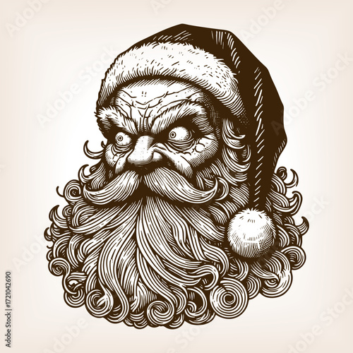 Santa Claus with curly beard and hat, drawn with exaggerated intense eyes and dramatic comic expression sketch engraving generative ai vector illustration. Scratch board. Black and white image.
