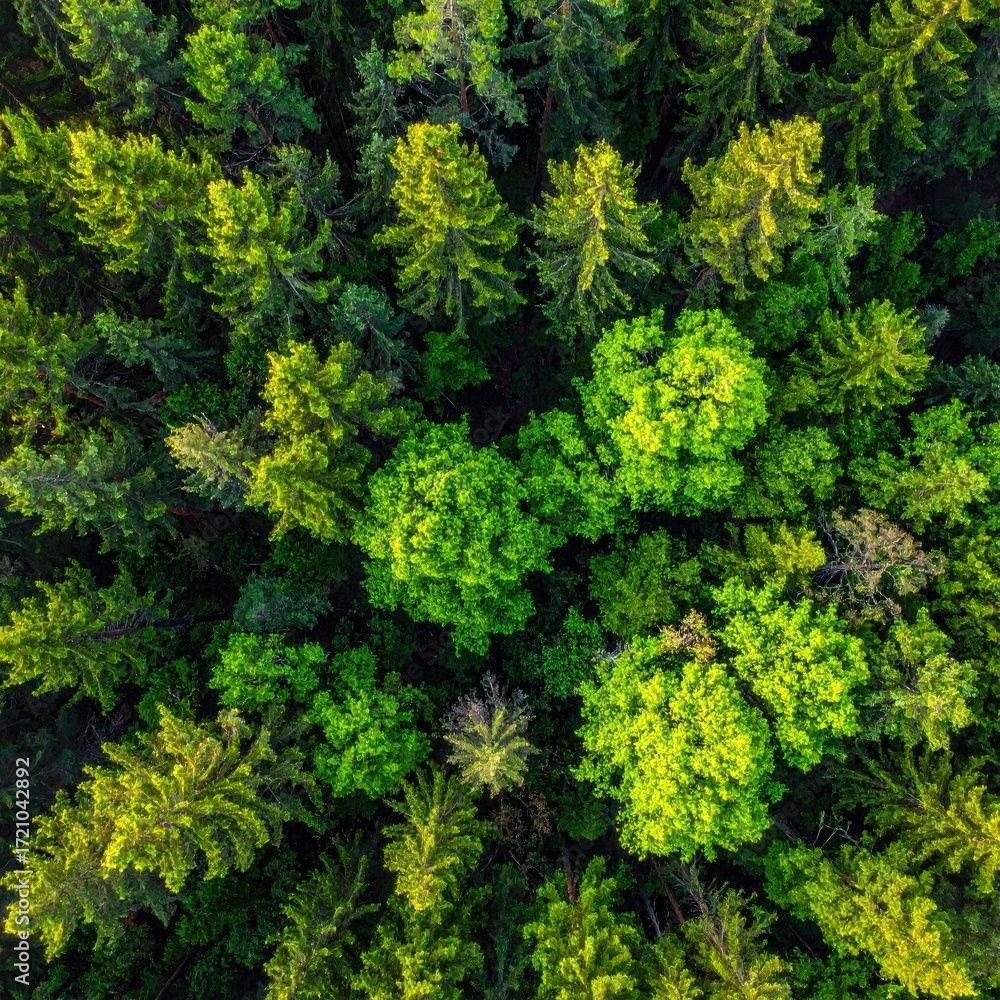 Fototapeta premium Aerial View of Lush Green Forest Canopy with Diverse Tree Species and Sunlight