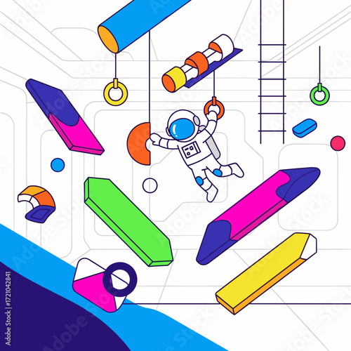 Cartoon Astronaut Hanging in Space with Colorful Geometric Shapes Illustration.