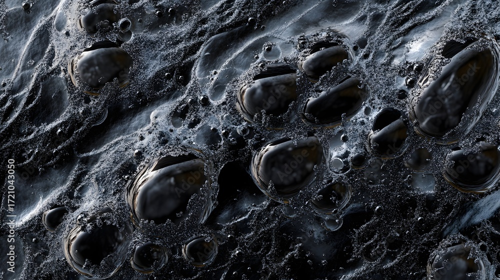 Obraz premium Digital illustration of dense, dark, glossy spheres floating in textured, light-reflecting foam.