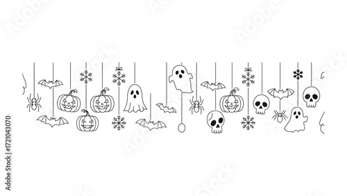 Spooky Halloween Decorations: Halloween themed decorations, creating a festive atmosphere, featuring a grinning pumpkin, spooky ghosts, scary skull and bats
