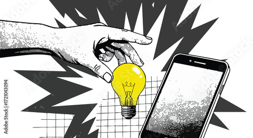 A hand reaching for a glowing lightbulb next to a smartphone, representing an idea.