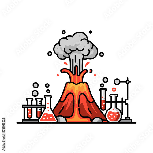 Cartoon Volcano Eruption with Laboratory Glassware Science Experiment Illustration.