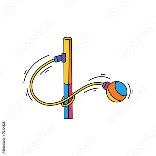 Vibrant outlined illustration of a segmented pole yellow hose and spherical object.