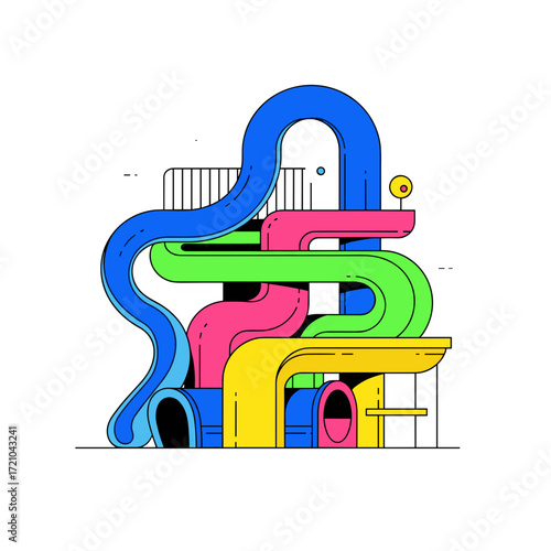 Vibrant abstract structure of intertwined colorful tubes in a minimalist graphic line art style.