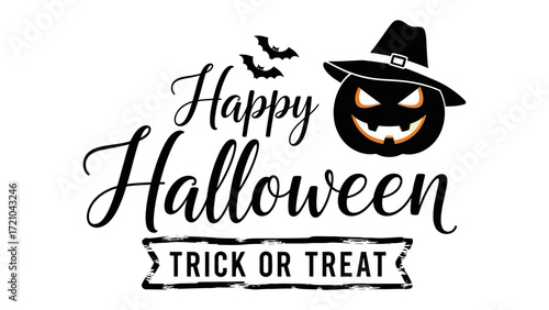 Happy Halloween with Pumpkin and Bat Illustration: A whimsical design of Halloween with a smiling jack-o'-lantern wearing a witch's hat, accompanied by two bats.