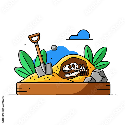Dinosaur Fossil Excavation Site with Shovel and Skeleton.