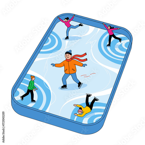 Joyful Boy Ice Skating with Friends on Rink.