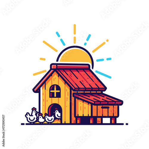Charming wooden chicken coop with a red roof and chickens under a bright rising sun illustration.