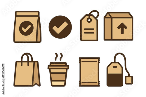 Brown minimal icons of shopping, packaging, and beverage items on a textured background