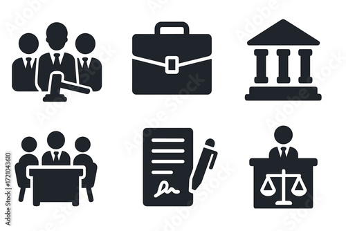 Corporate and legal silhouette icons set on gradient background