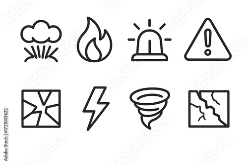 Minimalist emergency and weather icons set in dark mood