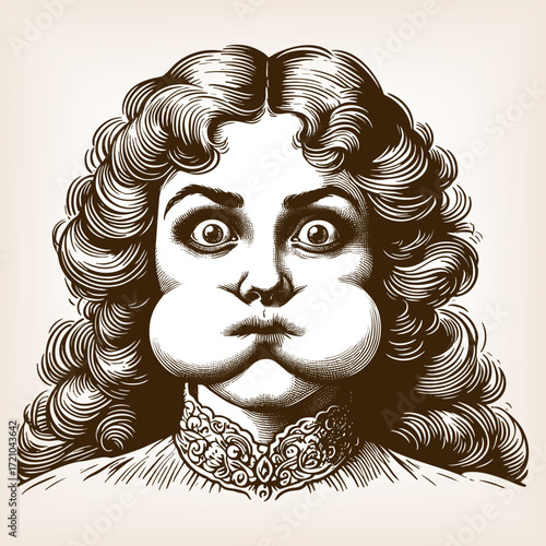 cheerful woman with curly hair, puffing out her cheeks humorously while making an exaggerated comic face sketch engraving generative ai vector illustration. Scratch board. Black and white image.