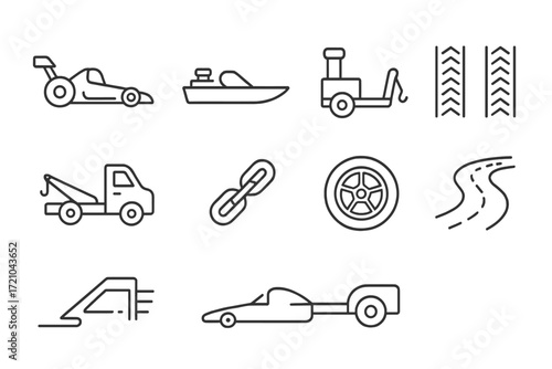 Minimalistic linear icons of transportation with racing and offroad elements