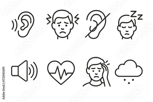 Outline icons of hearing loss and headache symptoms with dark background