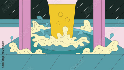 Illustration of a water fountain in a pub, drinking water and pouring