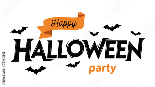 Halloween Party Celebration: A captivating Happy Halloween Party text graphic, beautifully crafted with a banner element and spooky bat illustrations.