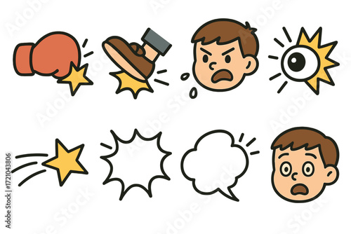 Cartoon icons of sports and emotions with impact stars