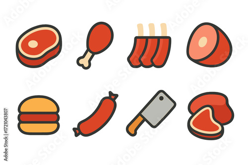 Cartoon meat icons set: steak, sausage, chop, and more in a glowing effect