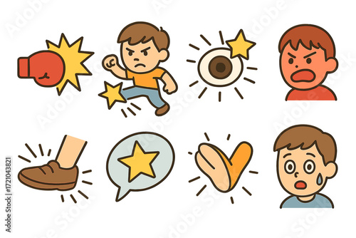 Cartoon expressions and actions featuring angry characters and comic style effects