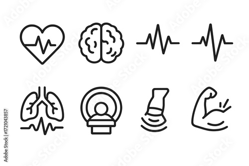 Minimalist medical icons set: heartbeat, brain, lungs, mri, muscle, ultrasound