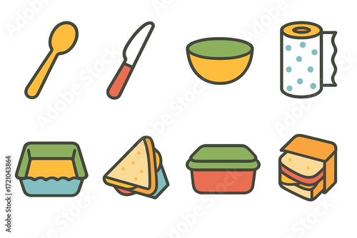Colorful kitchenware and food items: cutlery and container icons for retro design