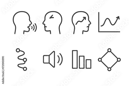 Conceptual icons for communication and data analysis on dark background