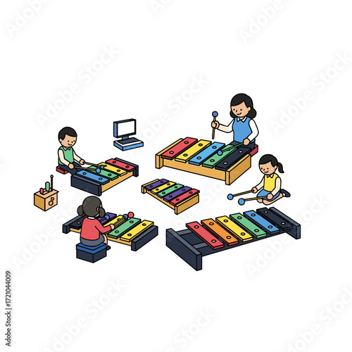 Diverse cartoon children playing vibrant musical xylophones and glockenspiels with mallets engaged in music education.