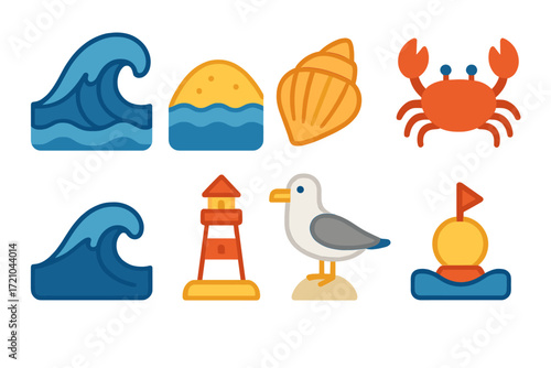 Colorful neon beach icons: waves, shell, crab, lighthouse, seagull