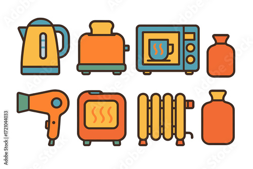 Colorful line art of home appliances on gradient background