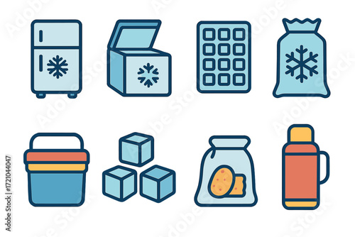 Flat design icons of freezer items: refrigerator, ice cube tray, cooler, thermos