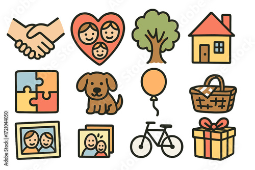 Colorful family life icons collection with nature, pets, and celebration themes