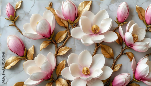 Abstract artwork featuring a floral arrangement with large, white magnolia-like flowers and pink buds. The flowers have a central cone with delicate textures, surrounded by veined petals.