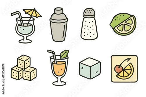 Colorful cocktail icons with drinks, glasses, and garnishes for a summer party design