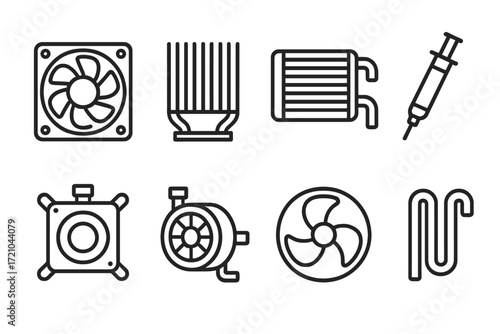 Minimalist blackout computer cooling icons set on dark background
