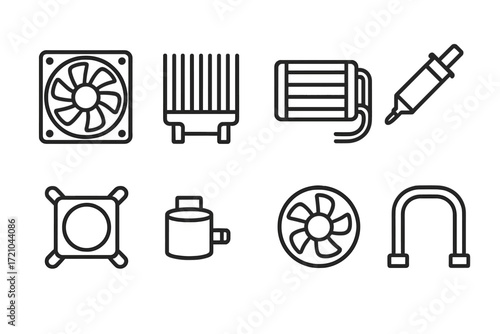 Set of linear computer cooling system icons with black gradient background