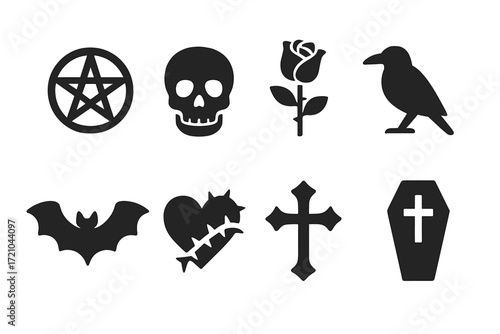 Dark icon set with skull, pentagram, bat, and coffin on gradient background
