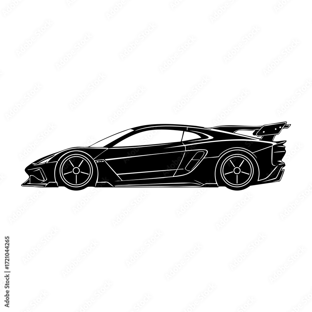 Naklejka premium Sleek, modern, aerodynamic sports car silhouette on a white background, perfect for automotive design and branding