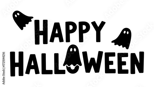 Halloween Greeting: A festive Happy Halloween message in bold, playful font, adorned with whimsical ghost illustrations, perfect for spooky season greetings.