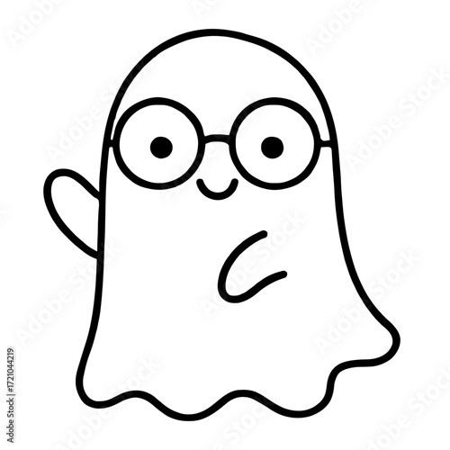 Cartoon ghost with round glasses waving cheerfully. Black and white line arte, perfect for Halloween coloring pages, kids' crafts, party decor, and festive seasonal illustrations.
